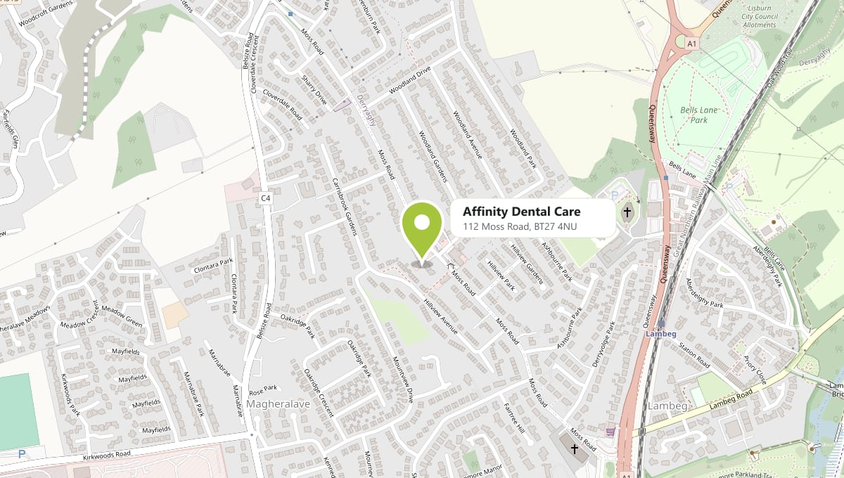 Map showing Affinity Dental Care on Moss Road, Lambeg, near the A1 and Lambeg station